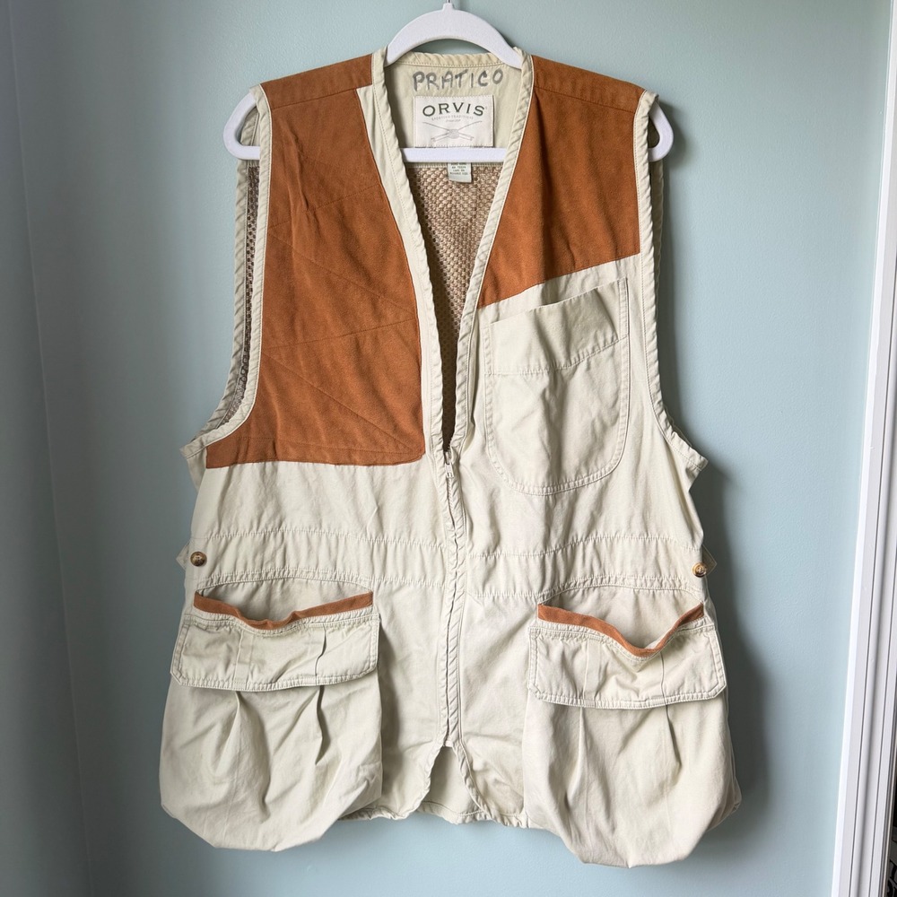 Orvis Mens Hunting Shooting Vest Beige Tan Mesh Utility Gorpcore Cotton Large